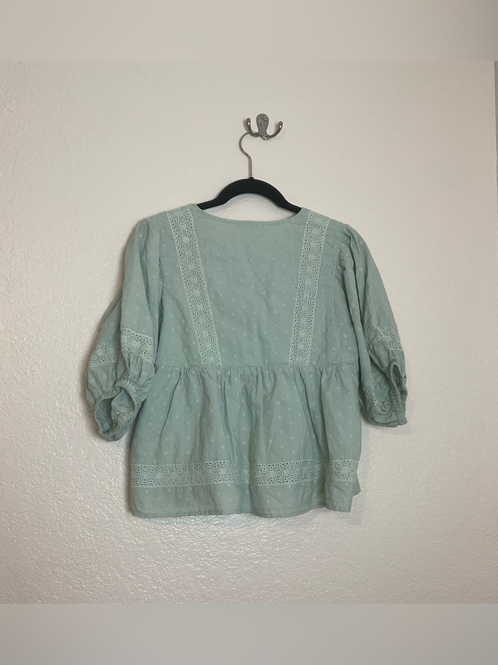 In Loom 100% Cotton Sage Green Swiss Dot Lace Trim Babydoll Blouse Size M - Picture 2 of 9